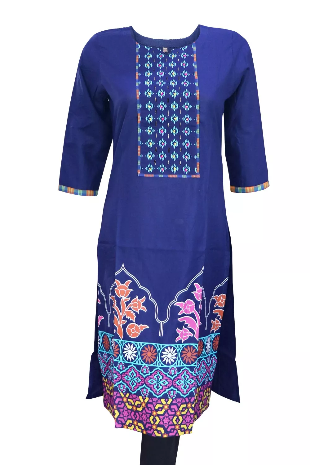 NAVY BLUE SCREEN PRINT EMBROIDERED COTTON KURTI