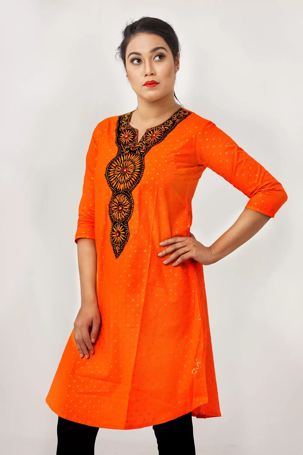 Orange Color Embroidered Cotton Kurti