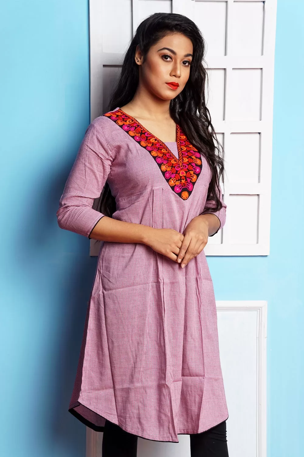 16-11-Cotton Puff Sleeved Frock Kurti-Black N Ash-(Check-2)-16-11-024 –  Colours Trendz